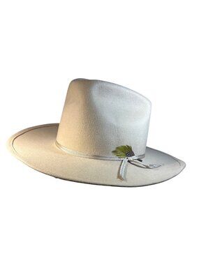 Resistol Western Cowboy Hat Beige Wool 7 1/8" Feather Wide Brim Ribbon Band Vtg